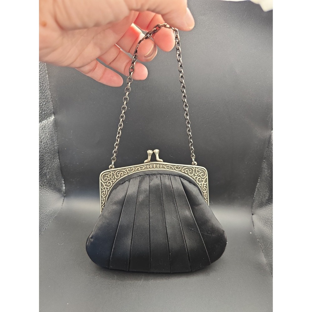 Vintage La Sera by Franchi Black Satin Evening Bag Kiss Lock Chain Frame Handbag